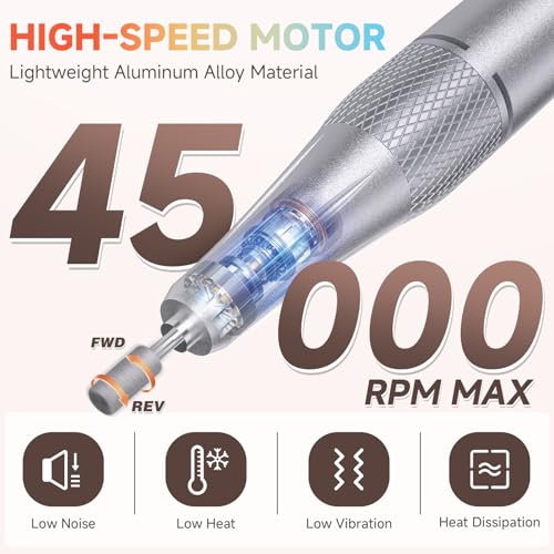 Nail Drill, Portable Electric Nail File 45000RPM, Rechargeable Nail Drill Professional with Bits & Base, for Acrylic Gel Nails, E-File Machine, Manicure Polishing, for Salon Home, White