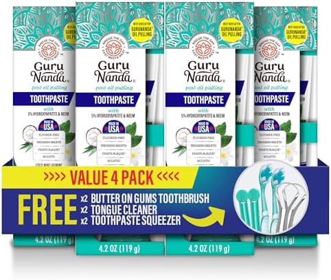 GuruNanda Hydroxyapatite Toothpaste, SLS & Fluoride Free (4 Pack), Whitening Toothpaste - Freshens Breath, Fights Plaque - with 2 Toothbrushes, 2 Tongue Scrapers & 2 Tube Squeezers
