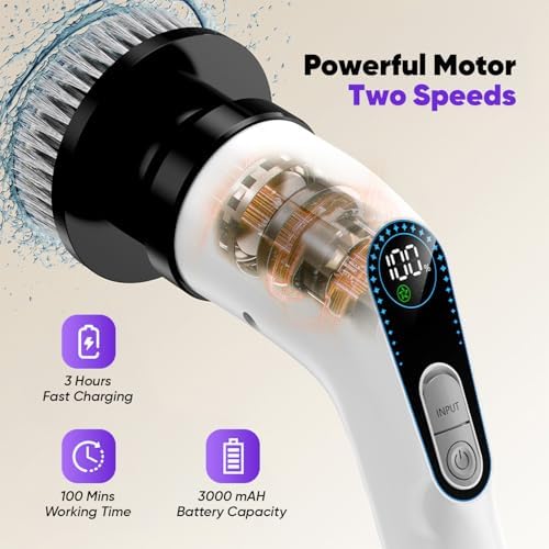 Powerful Electric Spin Scrubber Cordless — 3000mAh Cordless Bathroom Scrubber with 2 Speeds + 7 Brush Heads + 1 Wall Hanger + 3 Crevice Tools — Bathroom Cleaning Brush. Electric Shower Scrubber