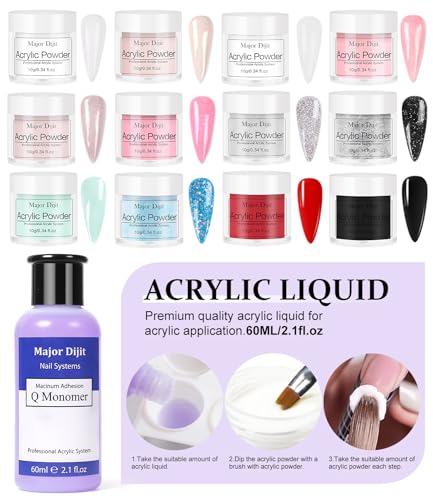Major Dijit Acrylic Nail Kit with Nail Lamp, 0.35 oz White Clear Pink Black and More 12 Colors Acrylic Powder and Liquid Kit, Electric Nail Drill, Glitter, Nail Art Brushes,Nail Kit for Beginners