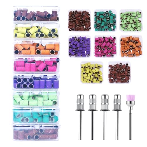 400 Pcs Sanding Bands for Nail Drill with 4 Mandrel Bits for Manicure and Pedicure, 60/80/100/120/150/180/240/320 Grit