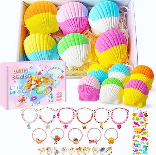 Kids Bath Bombs, 6 Pack Mermaid Bath Bombs for Kids, 4 Oz Natural Organic Bubble Shells with Surprise Jewelry, Perfect Birthday, Christmas Party