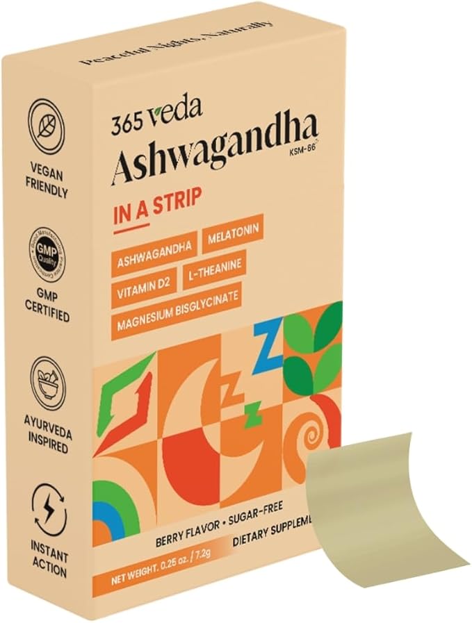 Ashwagandha Oral Strips 100 mg KSM 66 Ashwagandha, L-Theanine, Melatonin, Vitamin D2 and Magnesium, Vegan Strips for Men and Women, Sugar-Free, Non-GMO, 30 Oral Strips (Berry)