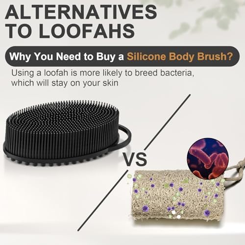 Metene 2 Pack Silicone Exfoliating Body Scrubber with Loop, Soft Body Scrubber for Men and Women, Shower and Bath Skincare Routine (Black)