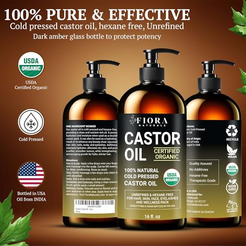Organic Castor Oil in Glass Bottle – 16 Oz Cold Pressed & Hexane-Free – USDA Certified – Hair Growth Oil For Lashes, Brows, Skin & Scalp – with Pump