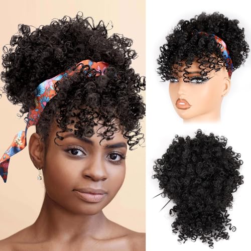 Drawstring Ponytail for Black Women, Afro Puff Kinky Curly Hair Ponytail Extension with Bangs Black Updo Natural Hair Ponytail (1B Natural Black)