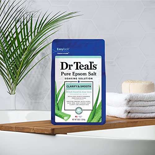 Dr Teal's Pure Epsom Magnesium Salt Soak, Clarify & Smooth with Witch Hazel & Aloe Vera, 3 lbs (Pack of 4)