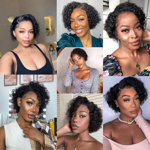 Short Curly Pixie Cut Wig Human Hair 5X5 Closure Glueless Wigs Human Hair Pre Plucked Pre Cut 8 Inch Brazilian Real Hair Pixie Wigs for Black Women Natural Color