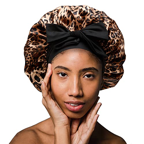Silky Satin Hair Bonnet, Night Cap Hair Cover for Black Women Hair Care with Soft Strechy Tie Band - Jumbo Satin Sleep Cap(Leopard)