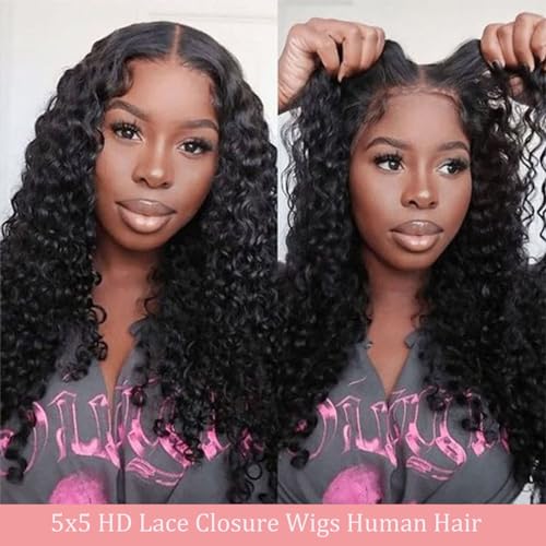 Glueless Wigs Human Hair Pre Plucked Pre Cut 5x5 Hd Lace Closure Wear and Go Deep Wave Curly Lace Front Wigs for Black Women Wet and Wavy Natural Hairline (22 Inch)