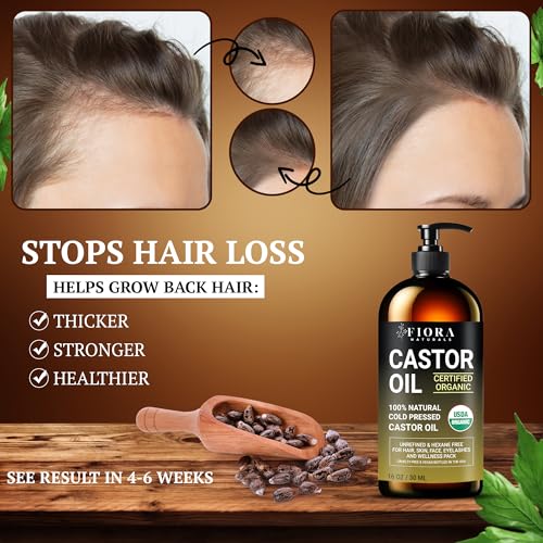 Organic Castor Oil in Glass Bottle – 16 Oz Cold Pressed & Hexane-Free – USDA Certified – Hair Growth Oil For Lashes, Brows, Skin & Scalp – with Pump