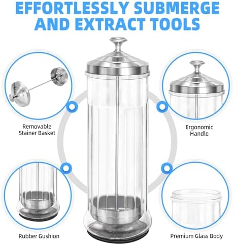 Glass Disinfectant Jar with anti-slip pad 53 Oz/1500ML, Barber Disinfectant Jar With Removable Basket, Large Sterilizing for Manicure & Pedicure Implements Stainless Steel 11.7"H x 3.8"W