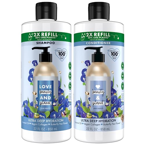 Love Beauty And Planet Shampoo and Conditioner, Coconut Oil & Vegan Collagen, Ultra Deep Hydration - Sulfate-Free Shampoo and Conditioner for Damaged, Dry Hair, Scented, Refill, (2 Piece Set)