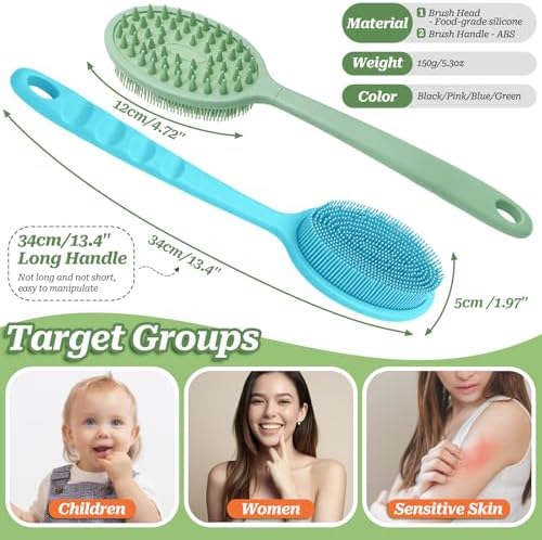 Silicone Face & Back Scrubber Set, Manual Face & Body Scrubber Exfoliator with Soft Bristles and Non-Slip Handle, Back Brush Bath Brush with 2 Detachable Brush Heads(3PCS Black Set)