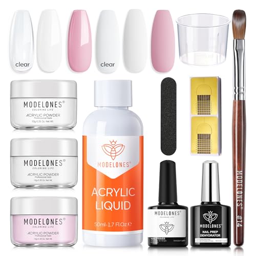 Modelones Acrylic Nail Kit - Clear/White/Pink Acrylic Powder and Liquid Set with Brush, Dehydrator and Primer, Starter Kit for Nail Extension Beginners