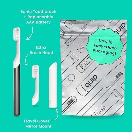 Quip Sonic Toothbrush for Adults with Timer - Includes Extra Brush Head and Travel Cover Mount - Electric, Soft Bristle Refill Head, Metal Handle, 3 Month Battery Life - Travel Toothbrush - Slate