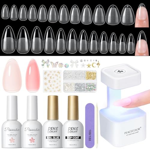 PEACECOLOR Gel Nail Kit Almond, 240Pcs Almond Clear Nail Tips with Portable U V Light, 2pc Pink Nude Jelly Gel Polish with Nail Glue Top Coat Easy Nail Extension Set DIY Nails Art Gift for Women