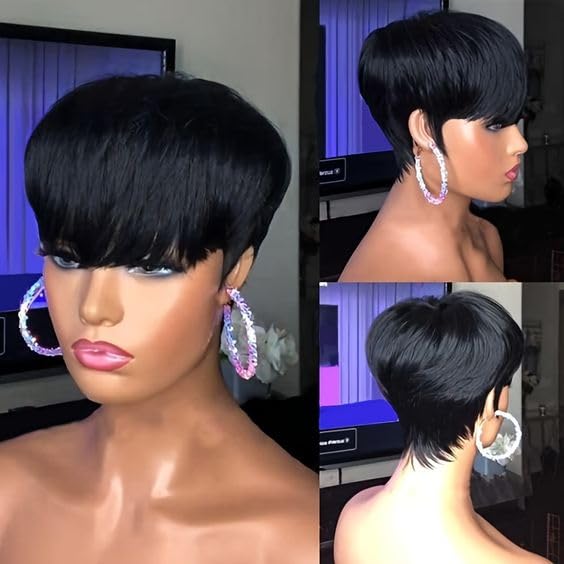Pixie Cut Wig Human Hair Short Pixie Cut Wigs for Black Women Human Hair Glueless Pixie Wig Short Layered Brazilian Virgin Human Hair Wigs For Women Color 1B#