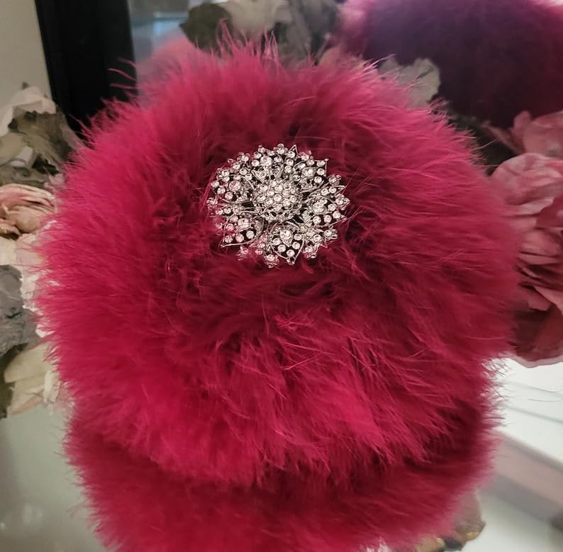 Scarlet Red Down Feather Trimmed Ivory Faux Fur Puff Body Dusting Powder Rhinestone Embellished Handle