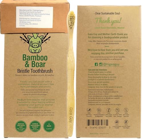 Gaia Guy Natural Bristle Bamboo Toothbrush with Boar Bristles - Totally Biodegradable and Compostable - No Nylon Toothbrushes - Zero Waste 12-Pack