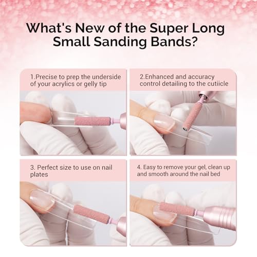 MelodySusie 50 Pcs Nail Drill Bits Super Long Small Sanding Bands with 3.1mm Crystal Mandrel Bit, 180 Fine Grit Nail File for Acrylic Nails Gel Manicures and Pedicure, Pink