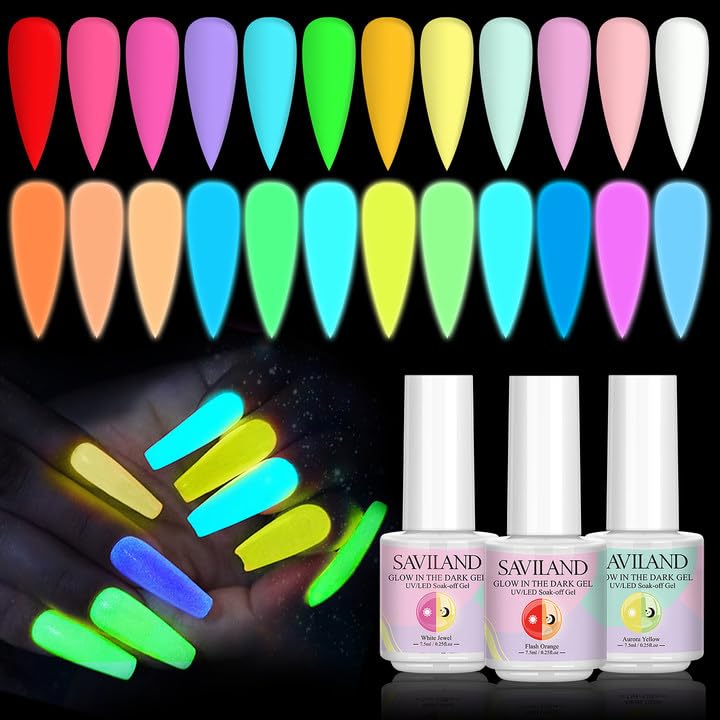SAVILAND Glows in The Dark Gel Nail Polish Set - 12 Neon Colors Luminous Nail Gel Polish Set Soak off Color Changing Glow Effect Nail Polish for DIY Nail Art Design Holiday Gifts for Women