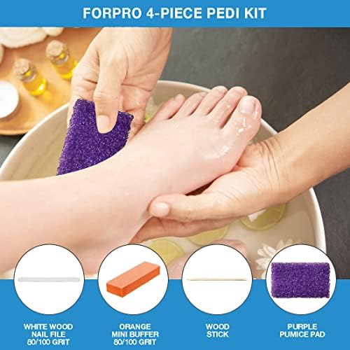 ForPro 4-Piece Pedi Kit, 200-Count, Individually-Packed Pedicure Set, Purple Pumice Pad, White Wood Nail File 80/100 Grit, Orange Mini Buffer 80/100 Grit, Wood Stick