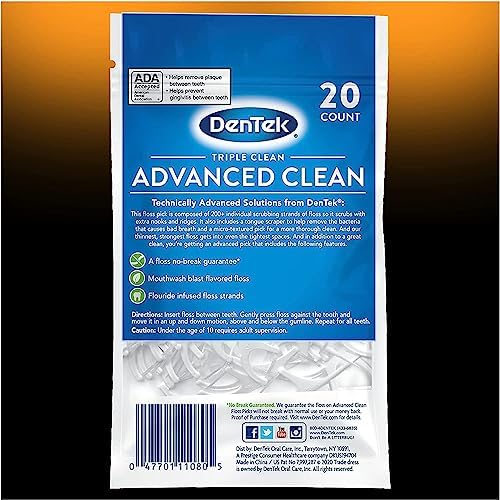 DenTek Triple Clean Advanced Clean Floss Picks, No Break & No Shred Floss, 20 Count (Pack of 8)