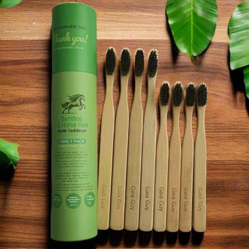 Gaia Guy Natural Bristle Bamboo Toothbrush Family Pack (NO Nylon - Horsehair ONLY) - Totally Compostable & Biodegradable Horse Hair Bristle and Bamboo Toothbrushes - Zero Waste - 4 Kids and 4 Adults