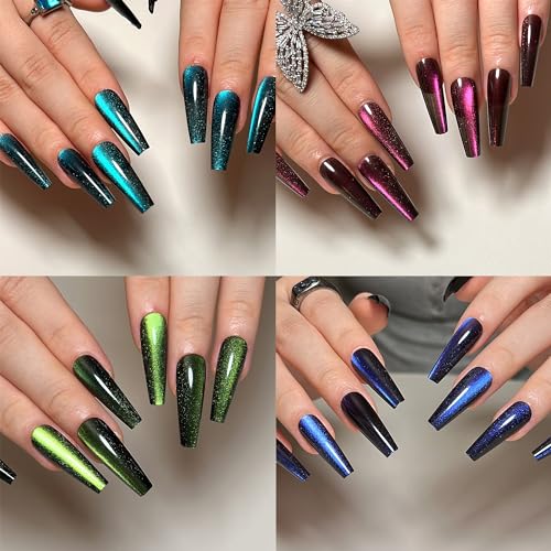 4 Pack Press on Nails,KKUUOO Long Coffin Fake Nails,Gradient & Glitter Design False Nails,Full Cover Glossy Acrylic Nails,Stick on Nails for Women Girls,96Pcs 12 Sizes-4 Styles In Total