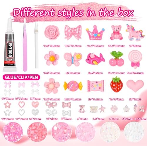 Junk Case Charms Kit, Pink White Pearls Resin Rhinestones Bedazzling Kit, Cute Candy Bear Cartoon Phone Cases Charms, Junk Case Kit with Big Charms with Glue for Crafts Nail Art DIY Accessories