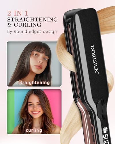 DORISILK 500 Degree High Temp Professional Hair Straightenr ， Ceramic Wide Flat Iron ，2 in 1 Hair Straightener and Curler，Plasma Flat Iron Get Frizz-Free and Shiny 500FW1