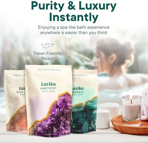 Geode-Inspired Bath Soak Set of 3 - Amethyst, Rose Quartz & Emerald with Essential Oils & Epsom Salt - Sandalwood, Lavender, Sage & Eucalyptus for Stress Relief, Muscle Recovery & Skin Care