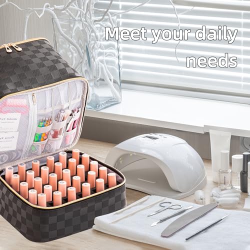 Portable Nail Polish Organizer Bag with UV Light Case - Holds 30 Bottles and 1 UV Nail Lamp, Double-Layers Nail Dryer Case for Gel Nail Polish Kit, Nail Art Decorations（Checkered Black）