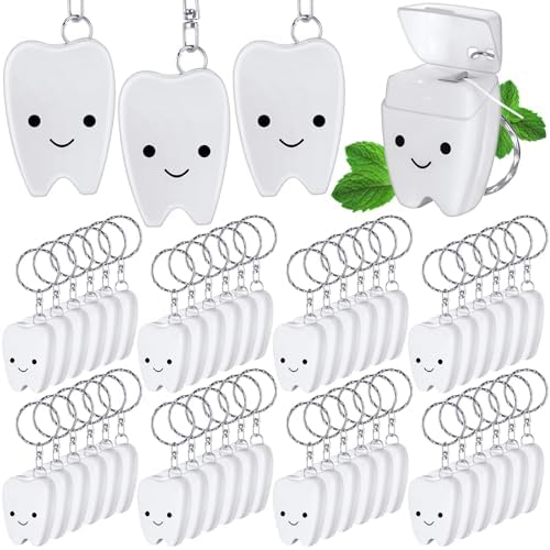 48 Pcs Mini Dental Floss Keychain Bulk Tooth Shaped Portable Teeth Floss Cleaning for Homeless Party Favors Travel Donated Gifts Teeth Cleaning Oral Care Mint Flavor 15 M /16. 4 Yard