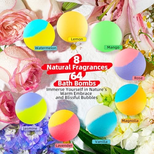 64-Pack Natural Bath Bombs Bulk Set – 8 Scents, Organic Ingredients, Long-Lasting Bubbles, Relaxing Gifts for Women & Men, Self-Care, Birthday, Christmas & Stocking Stuffers
