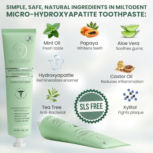 MILTODENT Premium Hydroxyapatite Toothpaste – 15% Micro-Hydroxyapatite | Fluoride-Free, Best Taste, Foam-Free, Natural Mineralizing | Safe Alternative to Nano-Hydroxyapatite | SLS-Free & Natural 4oz