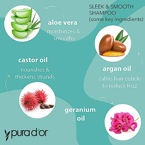 PURA D'OR Sleek & Smooth Shampoo and Conditioner Set For Frizz-Free & Silky Smooth Hair, Infused with Organic Aloe Vera, Argan Oil, Castor Oil, Bergamot Oil & Geranium Oil