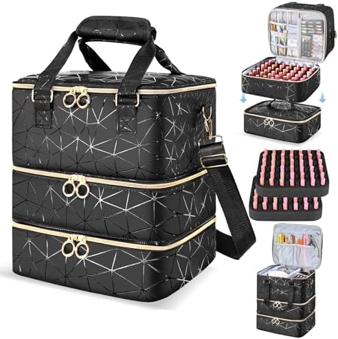 Nail Polish Organizer Case Holds 84 Bottles(15ml/0.5 Liquid Ounces) & Nail Lamp,3 Layers PU Leather Nail Supplies Storage Organizer Bag,Large Shoulder Strap Nail Polish Holder Travel Carrying Case.