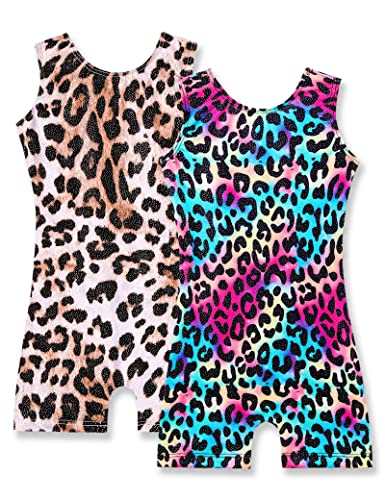 Nymphperi Girls Gymnastics Leotard Size 5-6 Years Old Shiny Classic Brown Leopard Pattern Biketards with Shorts Sparkly Cute Colorful Unitards for Children Daily Wear