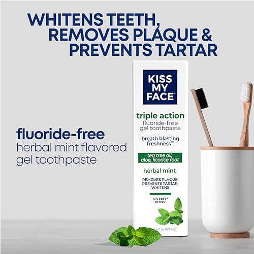 Kiss My Face Triple Action Toothpaste Gel, Herbal Mint Flavor, Removes Plaque, Whitens Teeth, Prevents Tartar, with Tea Tree Oil and Aloe, Fluoride Free, Vegan, 4.5 oz, 3 Pack