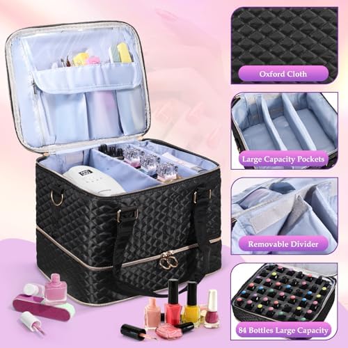 Nail Polish Organizer Case - Holds 84 Bottles Nail Polish & Nail Lamp Large Nail Polish Organizer Bag for Manicure Tools, Nail Polish Kit (Black)