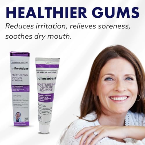 Dr. B Dental Solutions Adhesadent Moisturizing Denture Adhesive - Secure Denture Glue with Strong Grip & Natural Taste - Zinc-Free Dental Adhesive for Dentures, Overdentures - 2.4 oz
