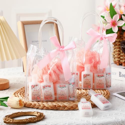 Demissle 6 Sets Baby Shower Game Prizes for Winners Baby Shower Favors Gifts Include Lip Balms Hand Creams Body Lotions Bath Loofah Sponges Gift Bags(Pink Flower)