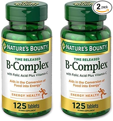 Nature's Bounty Vitamin B-Complex, Time Released Supplement with Folic Acid Plus Vitamin C, Supports Energy Metabolism and Nervous System Health, 125 Count (Pack of 2)