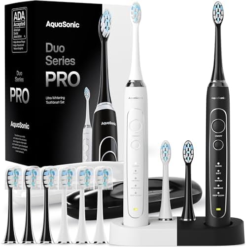 Aquasonic Duo Series PRO – Ultra-Whitening Electric Toothbrush Set – 5 Modes & Smart Timers – Premium Travel Cases & 10 Proflex Brush Heads – ADA Accepted Toothbrushes
