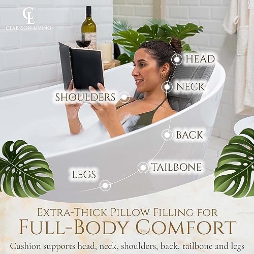 Full Body Bath Pillow (17'' x 49'') - Bathtub Cushion with Headrest Supports Neck, Back and Legs - Free Hanging Hooks for Fast Drying Over Tub - Includes Washing and Travel Bags - Gray