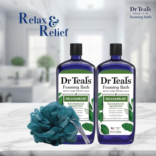 Dr. Teal's Eucalyptus and Spearmint Foaming Bath 34oz Bottles (Pack of 2) with Variety Junction Premium Bath Sponge - Relax and Relief, Bubble Bath, Relaxing, Men's and Women's, Clear