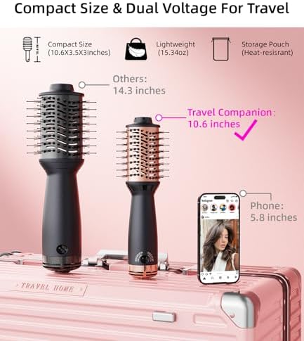Travel Dual Voltage Hair Dryer Brush, Small Hot Air Brush for European Travel, Compact 2 Inch One Step Blowout and Volumizer Hair Blow Dryer with Oval Design, Rose Gold