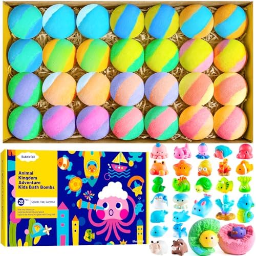 Bath Bombs for Kids with Surprise Inside – 28 Fun Fizzy Shower Bombs with Land & Sea Animal Toys, Kid-Friendly & Non-Toxic, Handmade Birthday Party Favors & Summer Gifts for Girls and Boys